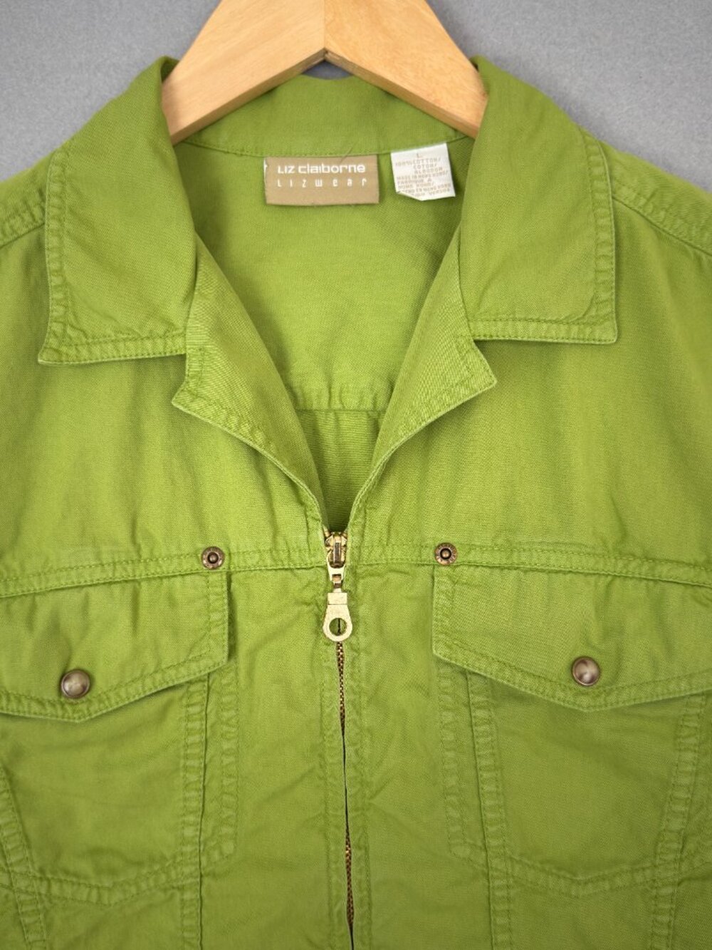 Liz Claiborne Lizwear Cotton Jacket Women’s L Lime Green Utility Zip Front Y2K - Picture 2 of 14
